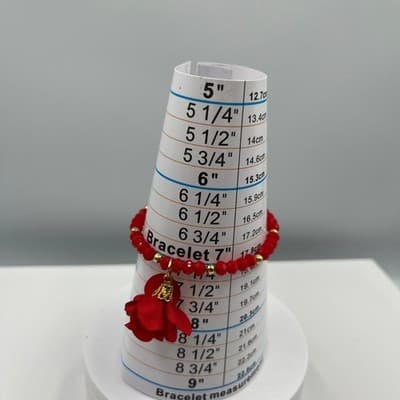 Vintage Red Faceted Beaded Bracelet with Gold Tone Accents & Fabric Flower Charm - Thumbnail 6