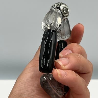 Vintage Chunky Stretch Bracelet Glass Beads Black Faceted & Silver Swirl Accent - Thumbnail 6