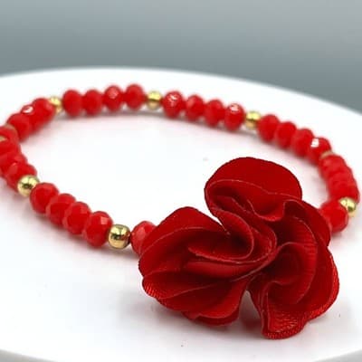 Vintage Red Faceted Beaded Bracelet with Gold Tone Accents & Fabric Flower Charm - Image 1