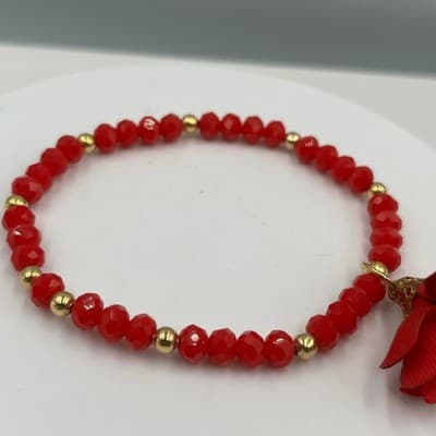 Vintage Red Faceted Beaded Bracelet with Gold Tone Accents & Fabric Flower Charm - Thumbnail 3