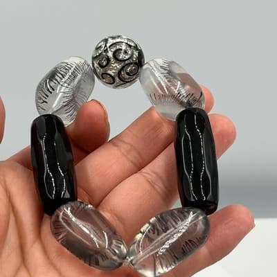 Vintage Chunky Stretch Bracelet Glass Beads Black Faceted & Silver Swirl Accent - Thumbnail 5