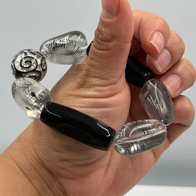 Vintage Chunky Stretch Bracelet Glass Beads Black Faceted & Silver Swirl Accent - Thumbnail 7