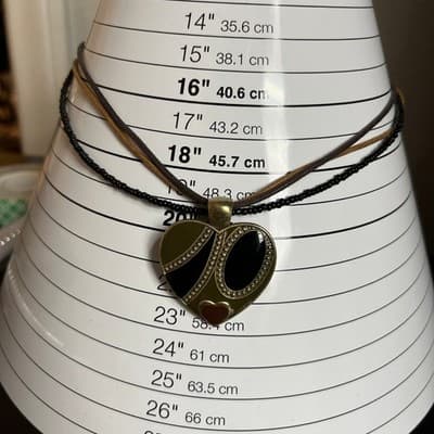 Vintage Multi Strand Cord & Bead Necklace Heart Pendant Black Brown Gold Tone - Thumbnail 7