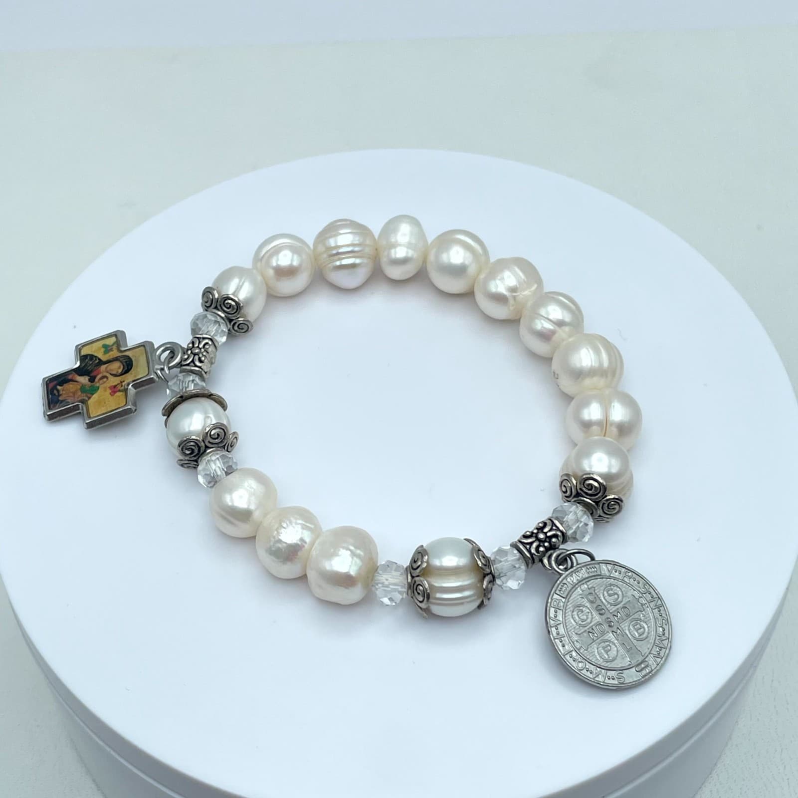 Religious Silver-Tone Mother Of Pearl Enamel Cross Charm Rosary Bracelet - Thumbnail 11