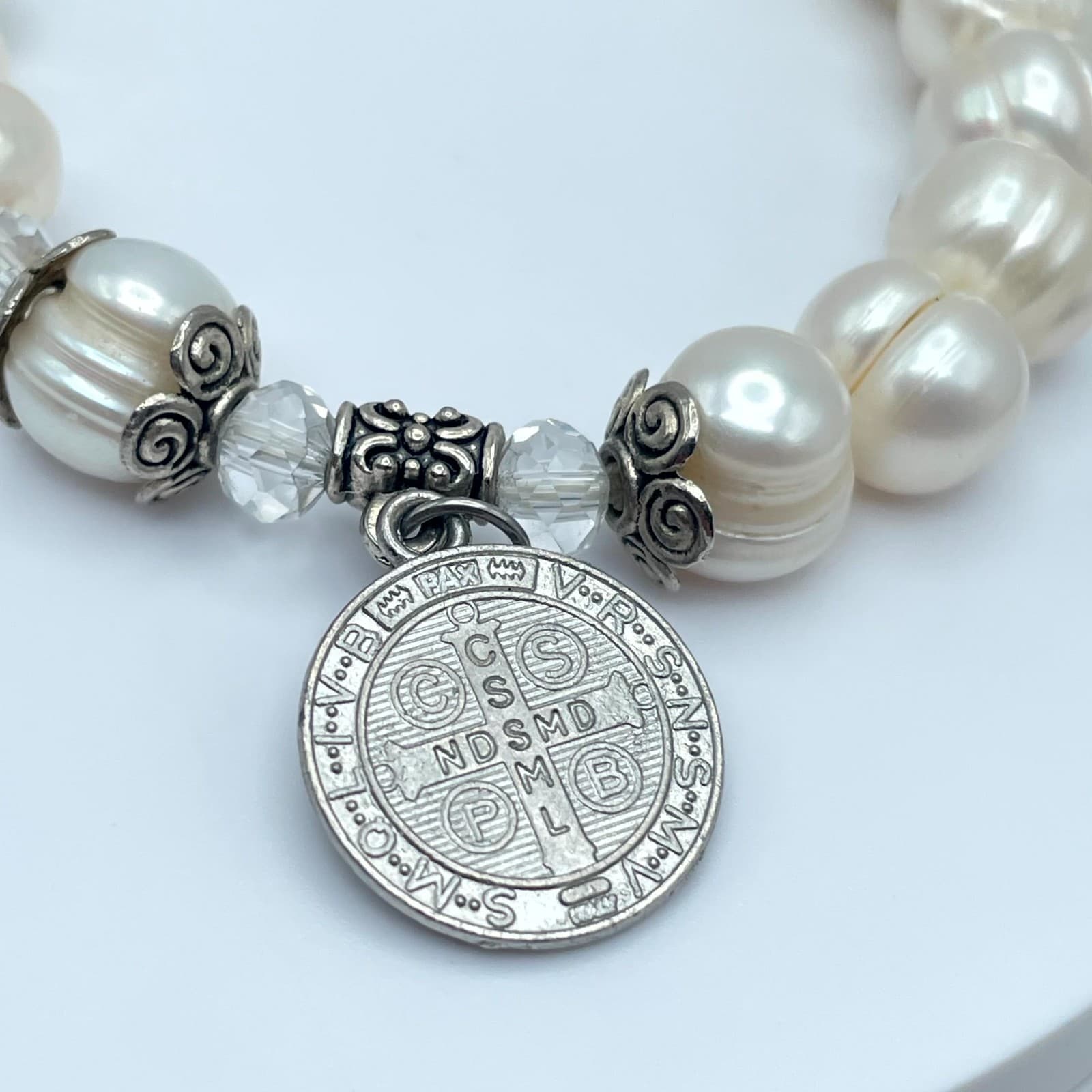Religious Silver-Tone Mother Of Pearl Enamel Cross Charm Rosary Bracelet - Thumbnail 9
