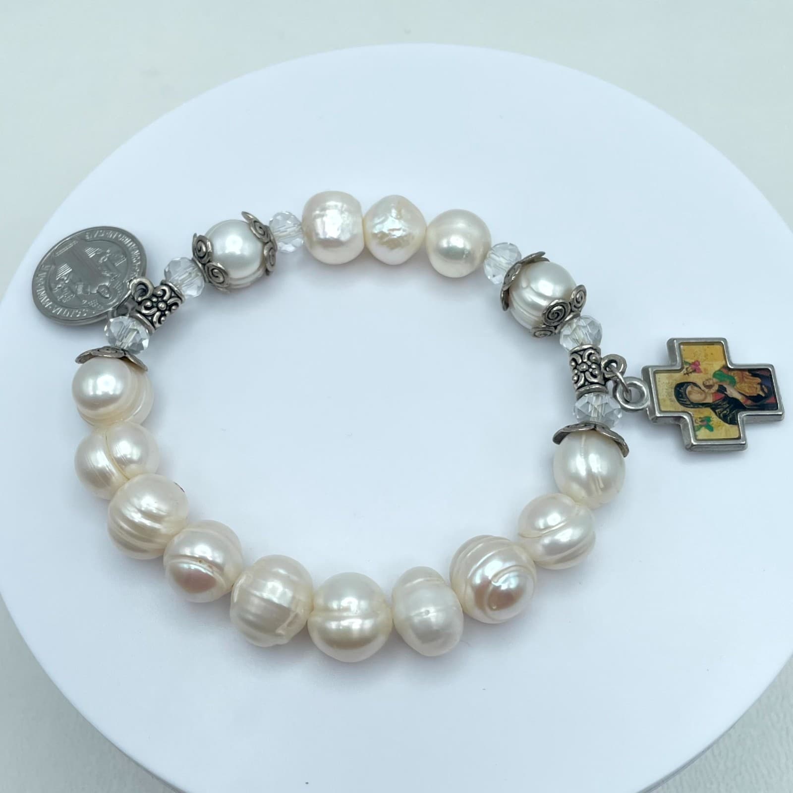 Religious Silver-Tone Mother Of Pearl Enamel Cross Charm Rosary Bracelet - Thumbnail 3