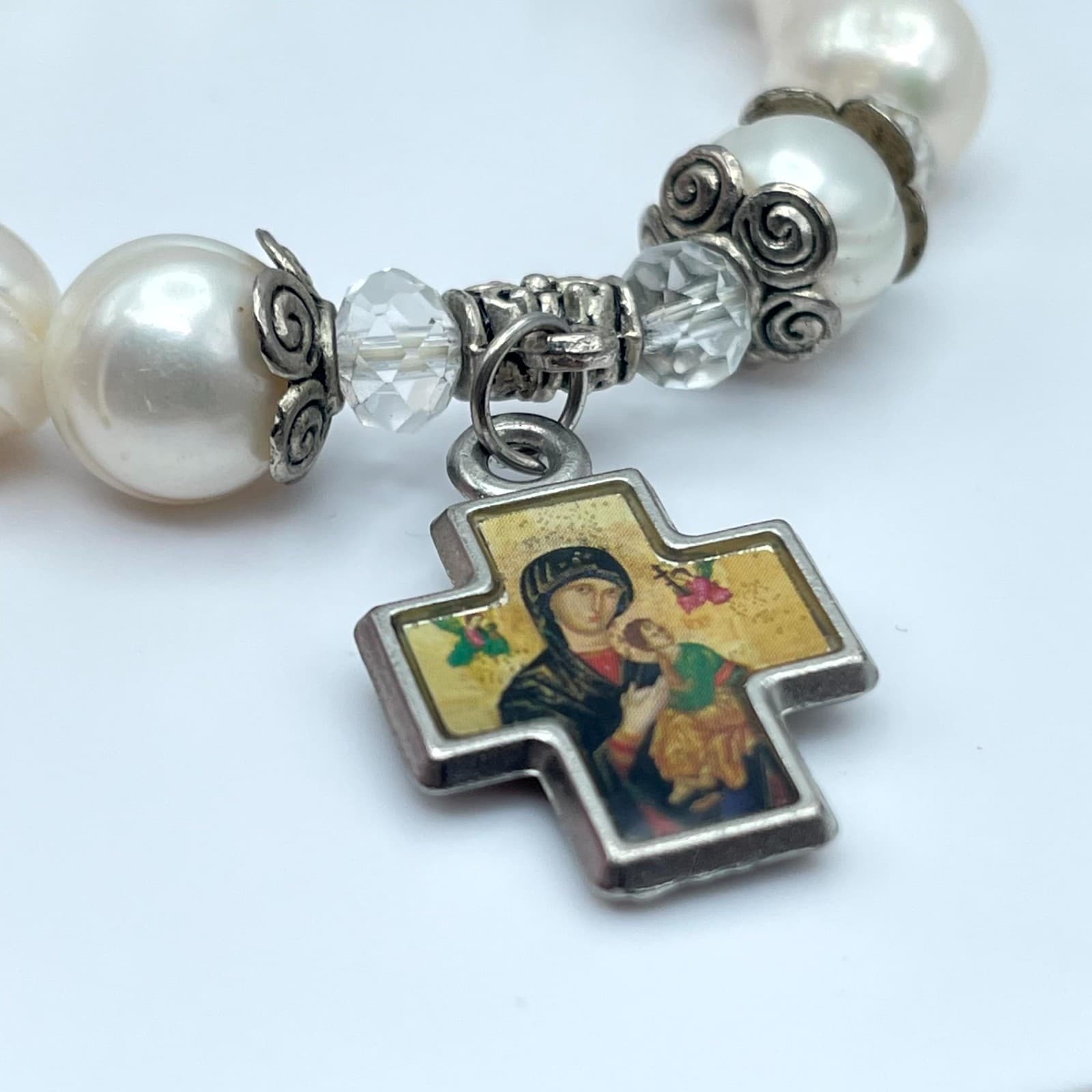 Religious Silver-Tone Mother Of Pearl Enamel Cross Charm Rosary Bracelet - Thumbnail 5