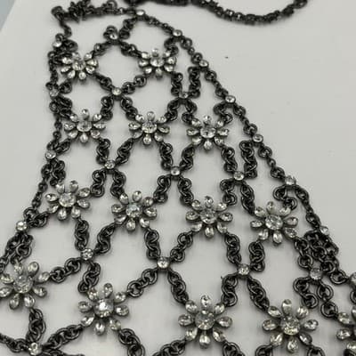 ZARA Statement Body Chain Necklace Black Tone Rhinestone Floral Mesh Overlay - Thumbnail 3