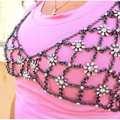 ZARA Statement Body Chain Necklace Black Tone Rhinestone Floral Mesh Overlay - Image 1