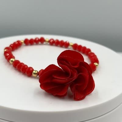Vintage Red Faceted Beaded Bracelet with Gold Tone Accents & Fabric Flower Charm - Thumbnail 4
