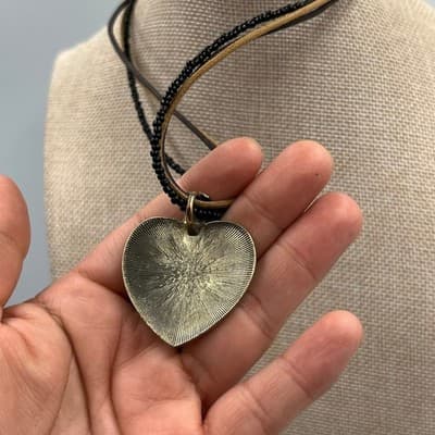 Vintage Multi Strand Cord & Bead Necklace Heart Pendant Black Brown Gold Tone - Thumbnail 4