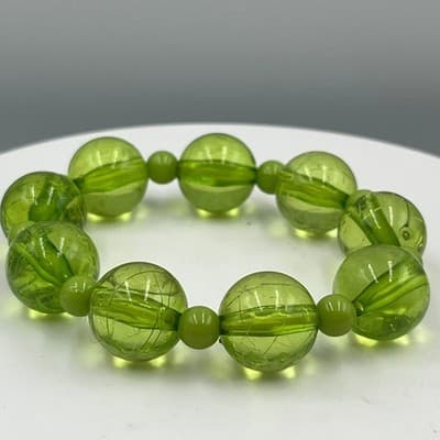 Vintage Y2K Green Chunky Beaded Stretch Bracelet Translucent Round Statement - Thumbnail 4