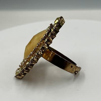 Vintage Statement Ring Gold Tone Opal Look Cabochon Rhinestone Halo Band Classic - Thumbnail 3