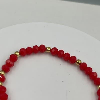 Vintage Red Faceted Beaded Bracelet with Gold Tone Accents & Fabric Flower Charm - Thumbnail 5