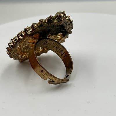 Vintage Statement Ring Gold Tone Opal Look Cabochon Rhinestone Halo Band Classic - Thumbnail 4