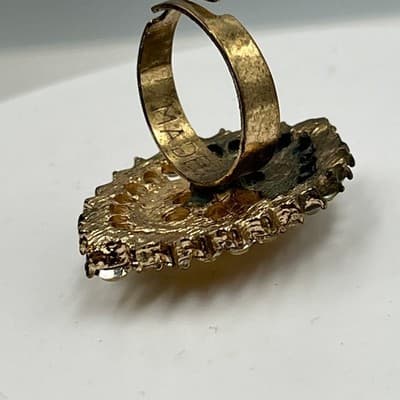 Vintage Statement Ring Gold Tone Opal Look Cabochon Rhinestone Halo Band Classic - Thumbnail 6