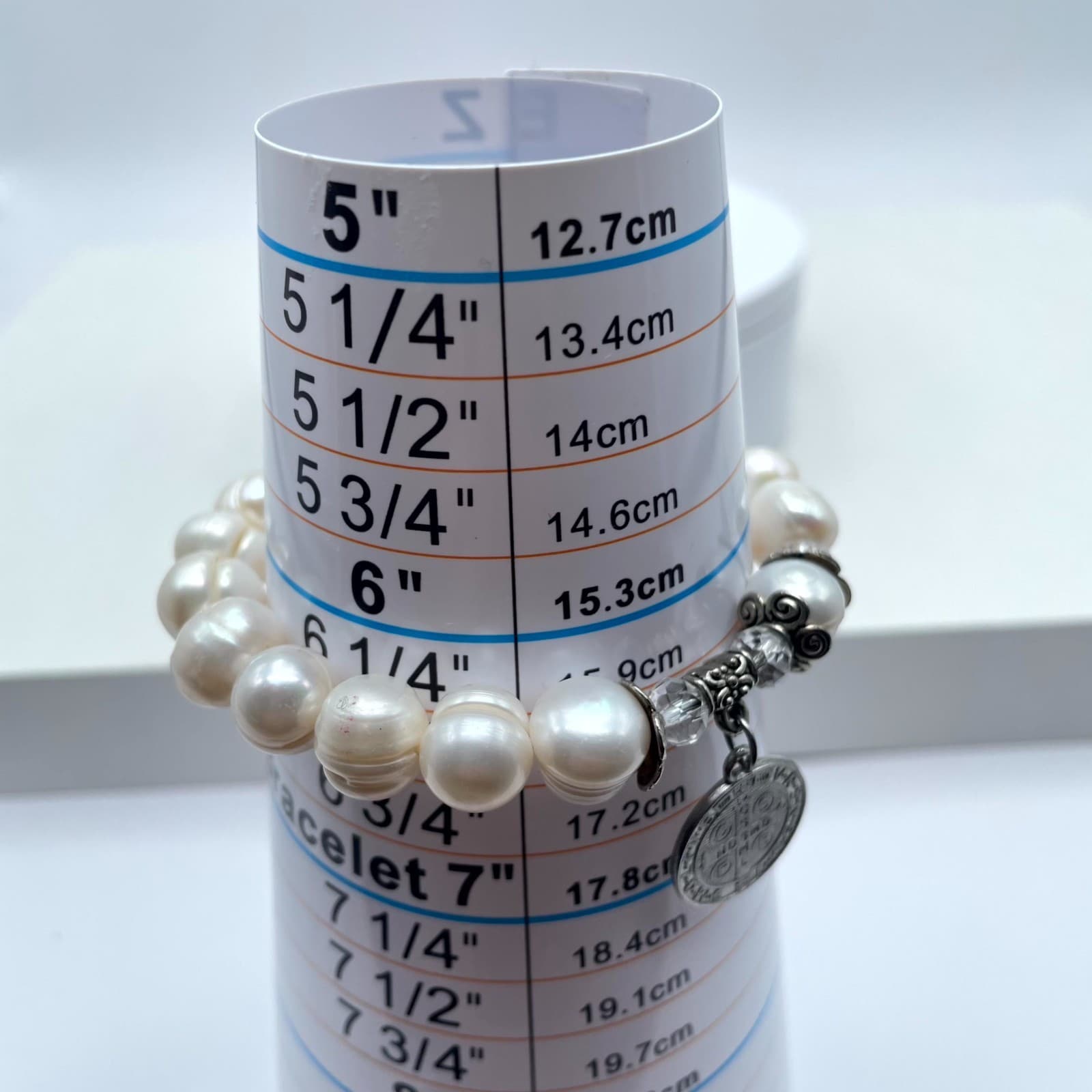 Religious Silver-Tone Mother Of Pearl Enamel Cross Charm Rosary Bracelet - Thumbnail 2