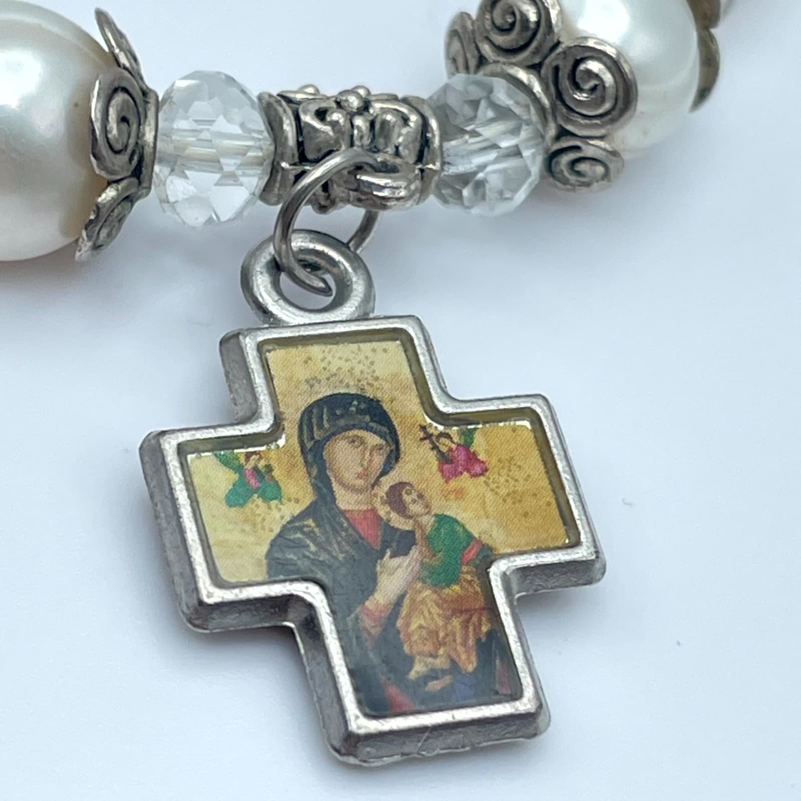 Religious Silver-Tone Mother Of Pearl Enamel Cross Charm Rosary Bracelet - Thumbnail 6