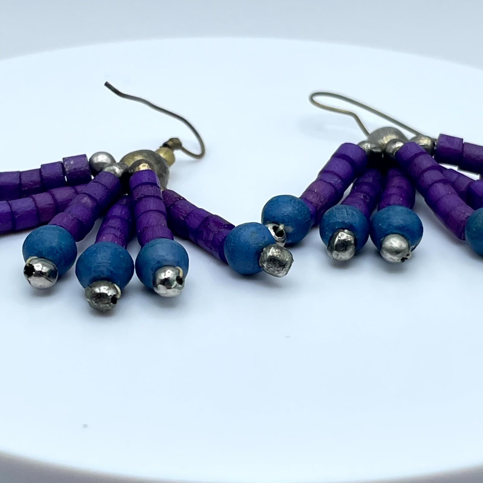 VTG Gold-Tone Purple Blue Seed Beads Multi Stranded Fan Fringe Dangle Earrings - Thumbnail 8