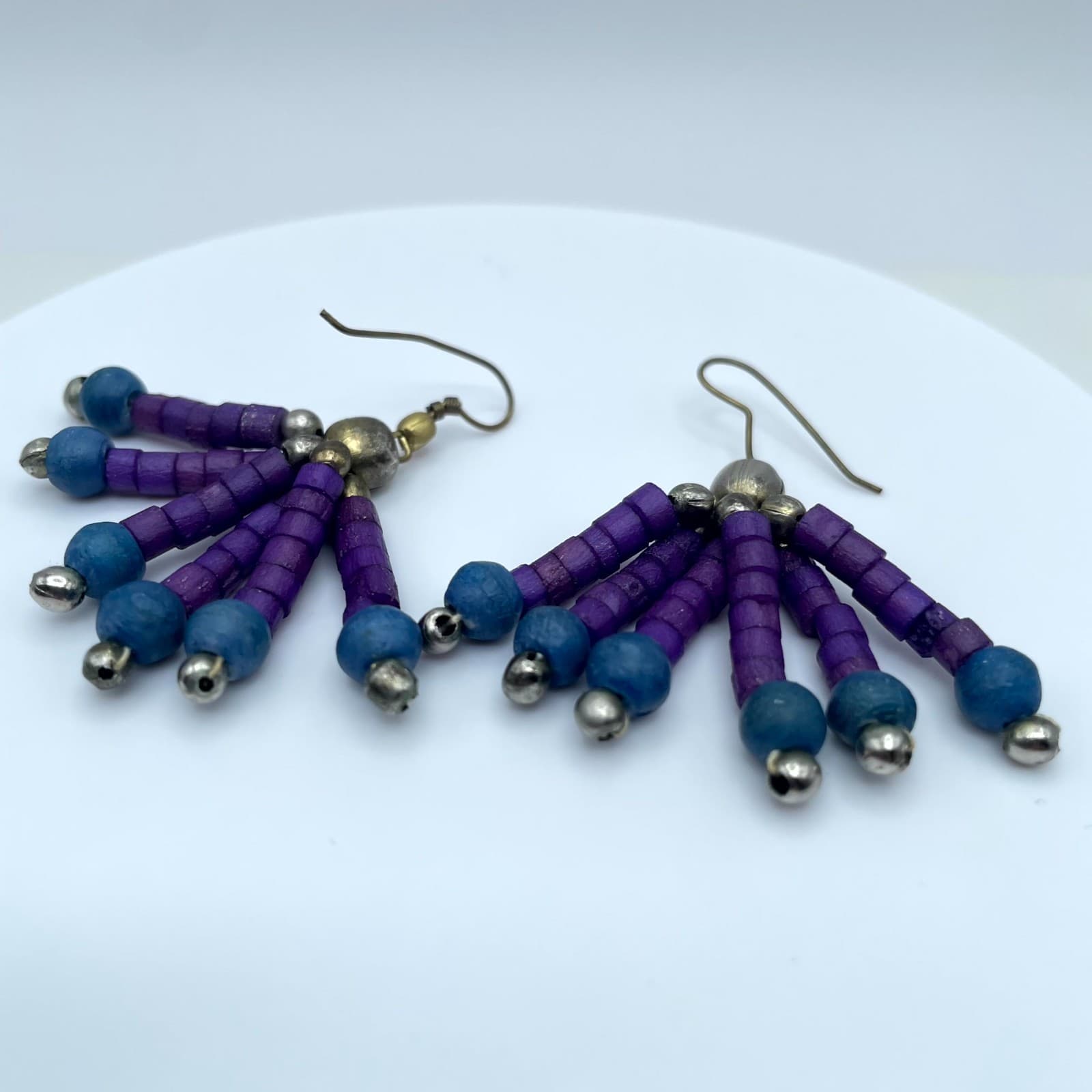 VTG Gold-Tone Purple Blue Seed Beads Multi Stranded Fan Fringe Dangle Earrings - Thumbnail 2