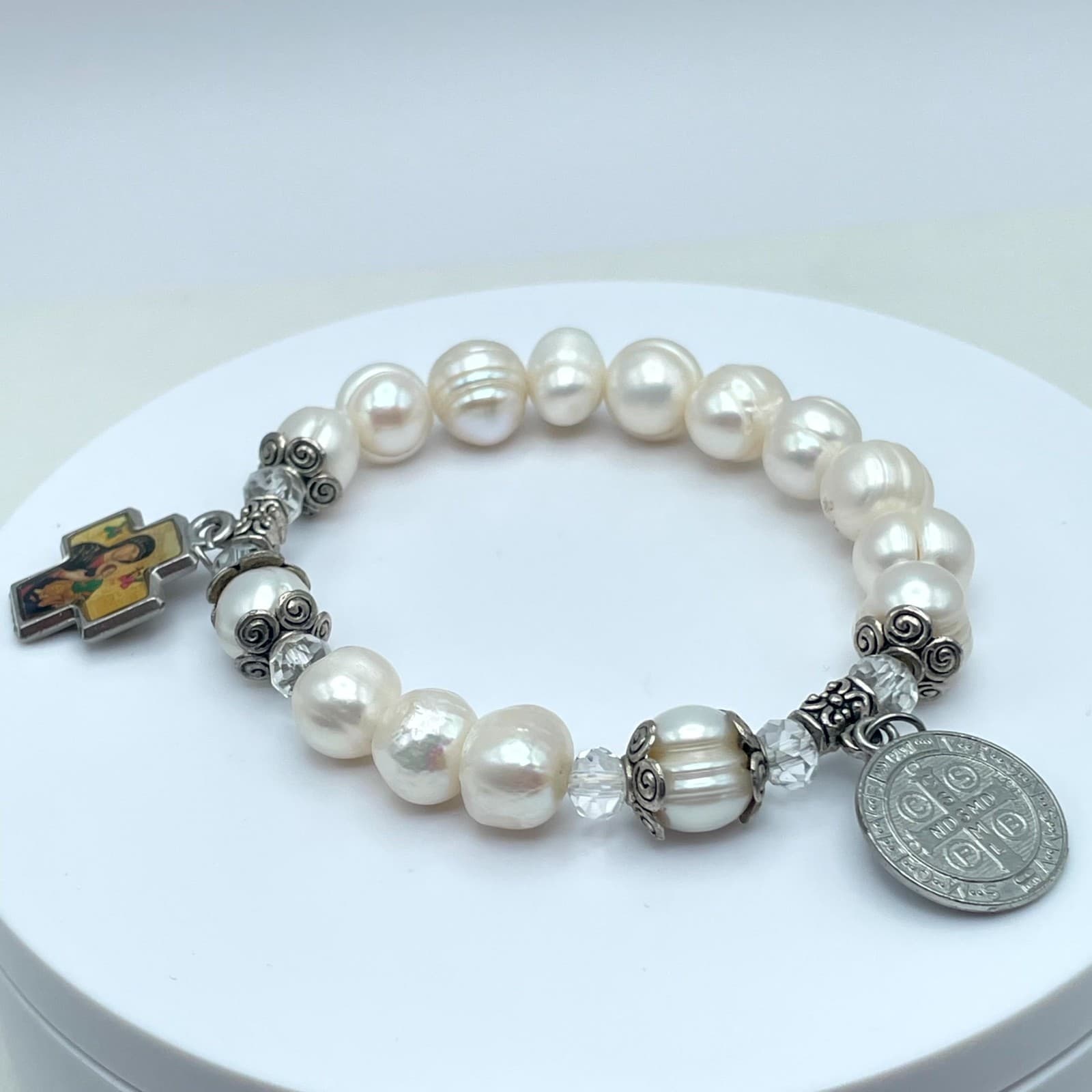 Religious Silver-Tone Mother Of Pearl Enamel Cross Charm Rosary Bracelet - Thumbnail 10