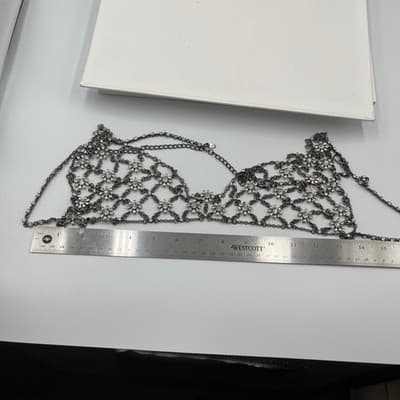 ZARA Statement Body Chain Necklace Black Tone Rhinestone Floral Mesh Overlay - Thumbnail 8