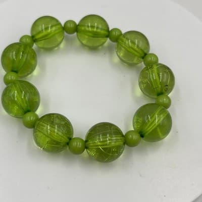 Vintage Y2K Green Chunky Beaded Stretch Bracelet Translucent Round Statement - Thumbnail 2