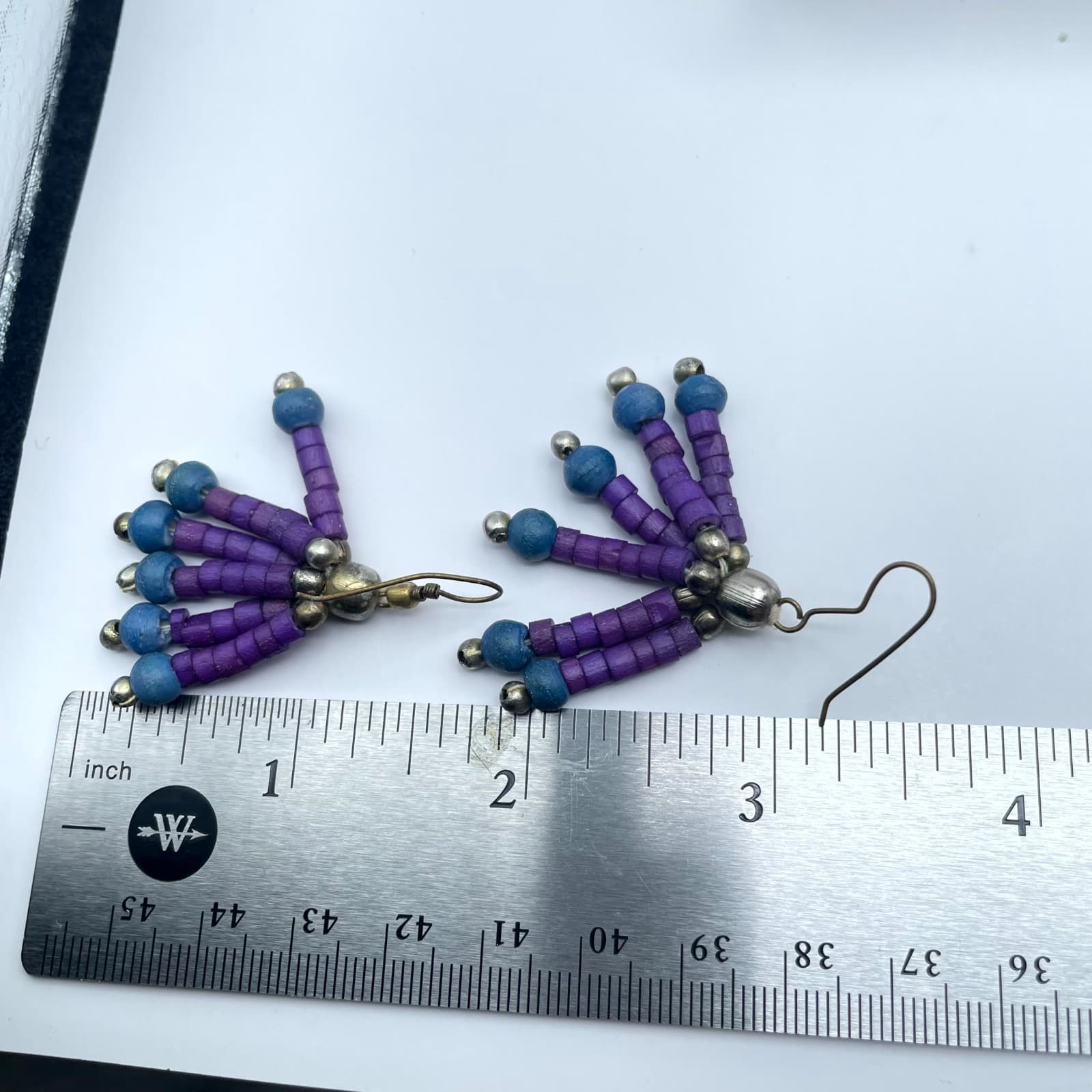 VTG Gold-Tone Purple Blue Seed Beads Multi Stranded Fan Fringe Dangle Earrings - Thumbnail 3