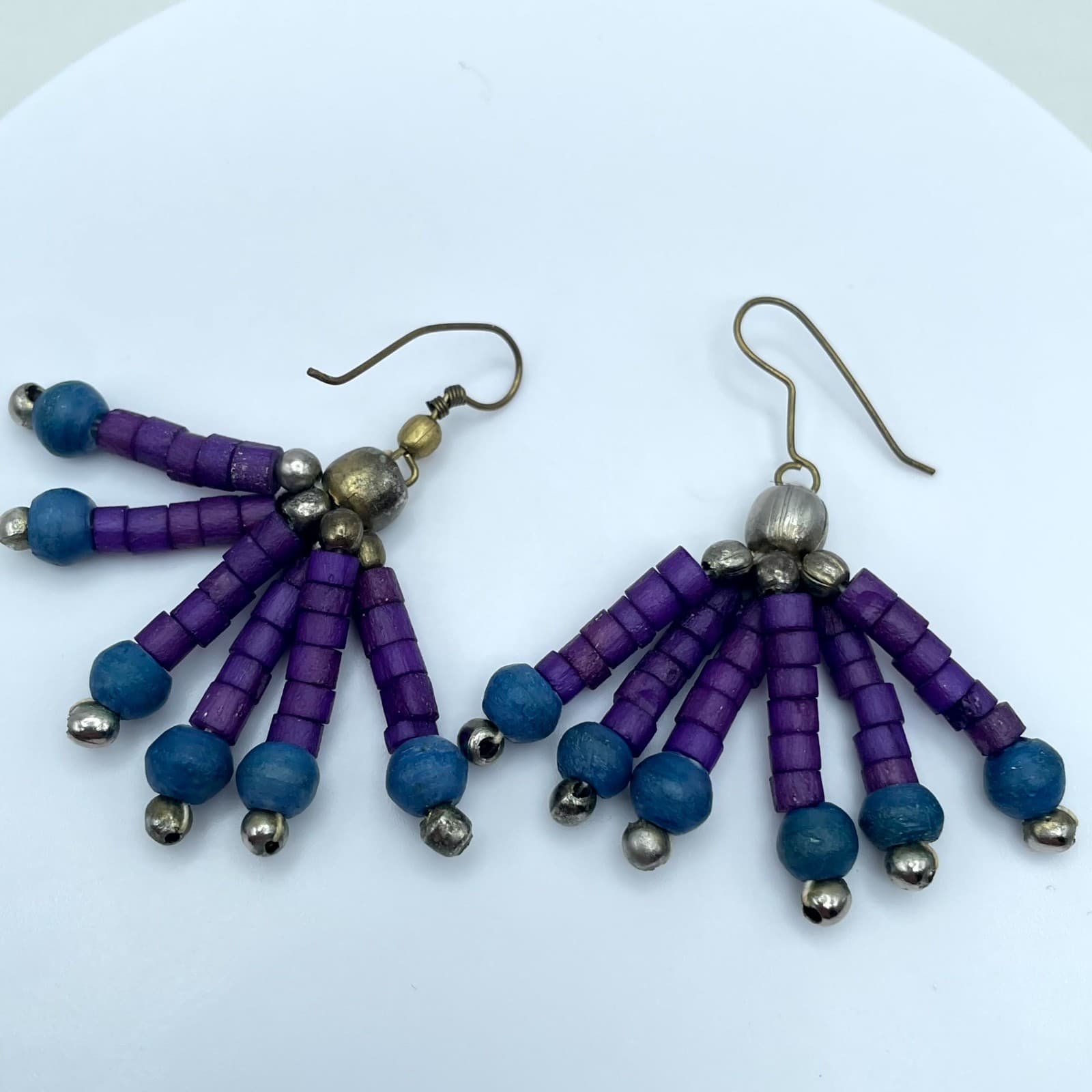 VTG Gold-Tone Purple Blue Seed Beads Multi Stranded Fan Fringe Dangle Earrings - Image 1