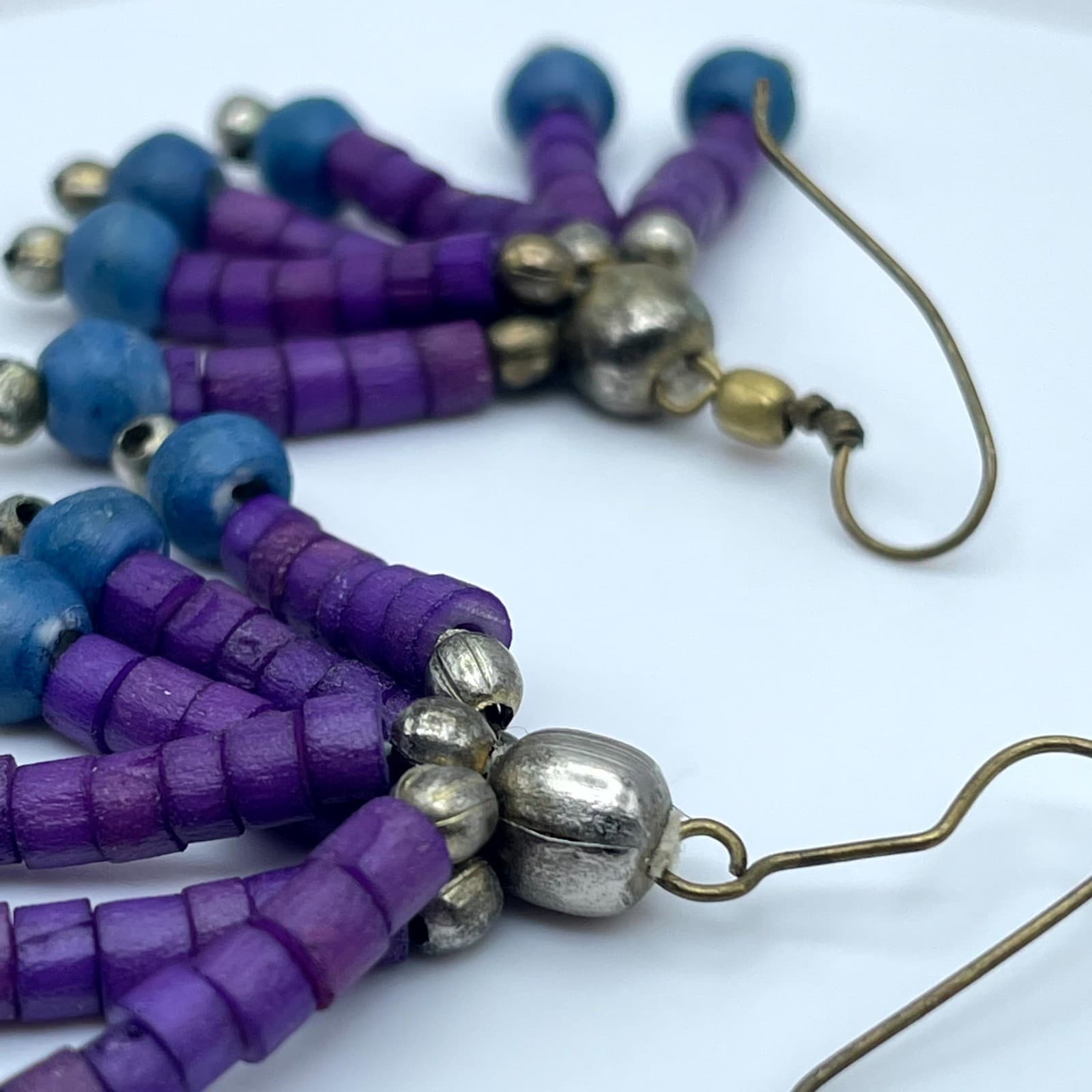 VTG Gold-Tone Purple Blue Seed Beads Multi Stranded Fan Fringe Dangle Earrings - Thumbnail 6