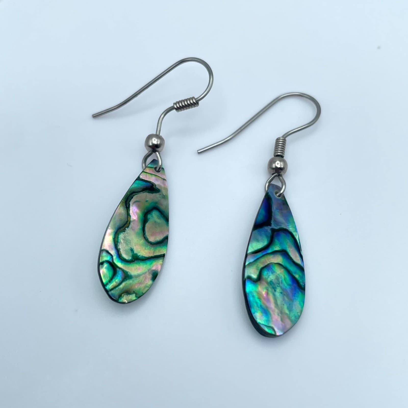 Vintage Silver-Tone Iridescent Paua Abalone Shell Teardrop Drop Hook Earrings - Thumbnail 4