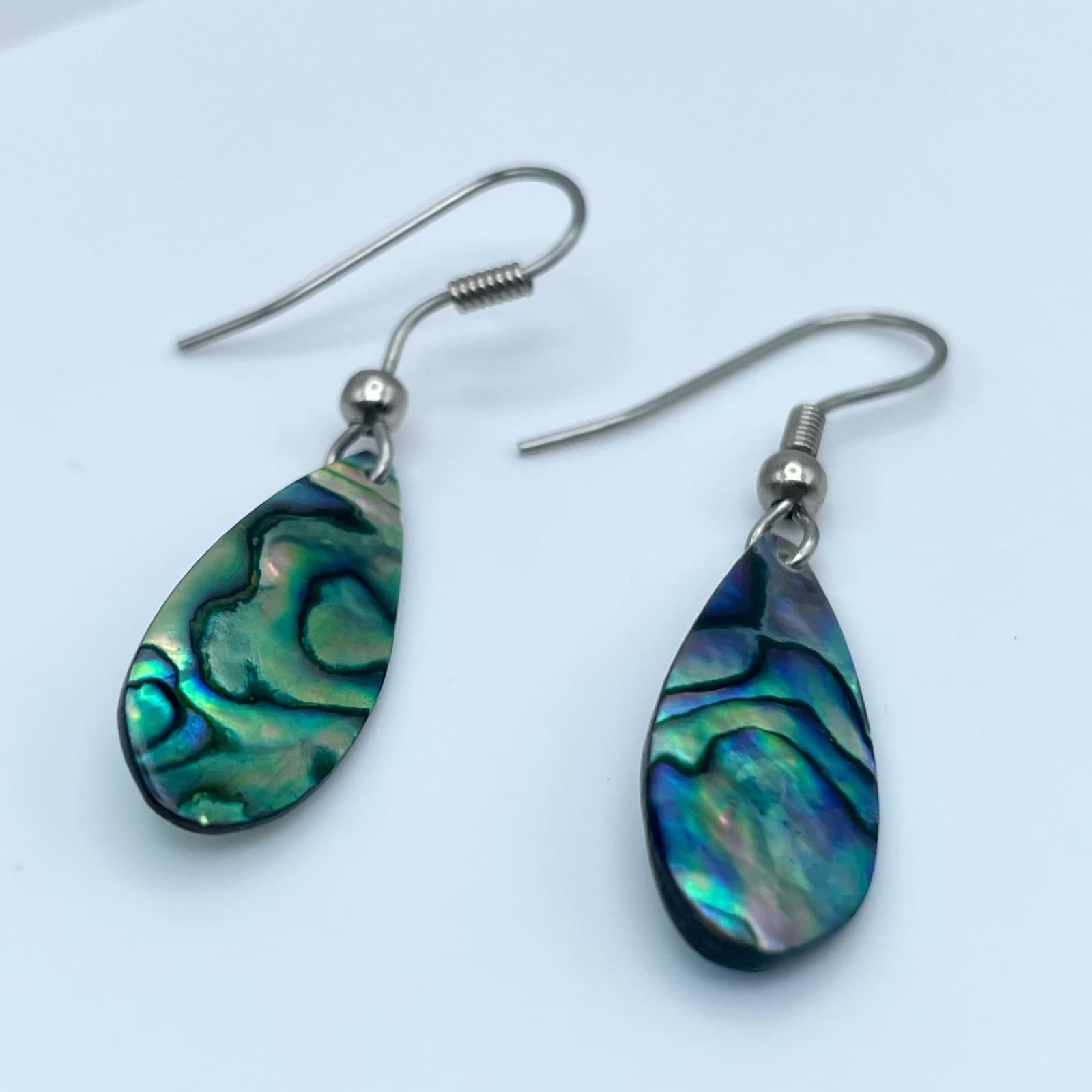 Vintage Silver-Tone Iridescent Paua Abalone Shell Teardrop Drop Hook Earrings - Image 1