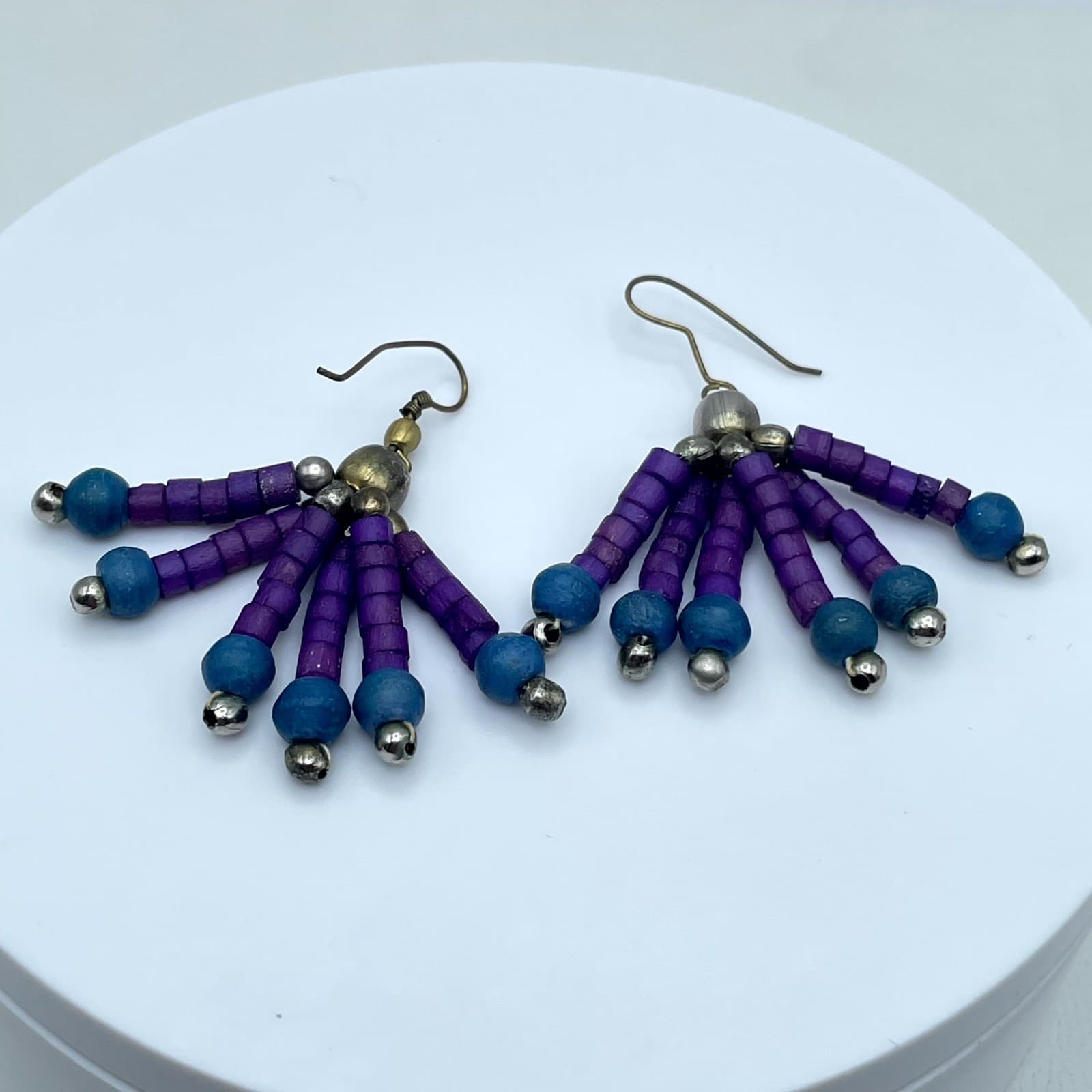 VTG Gold-Tone Purple Blue Seed Beads Multi Stranded Fan Fringe Dangle Earrings - Thumbnail 9
