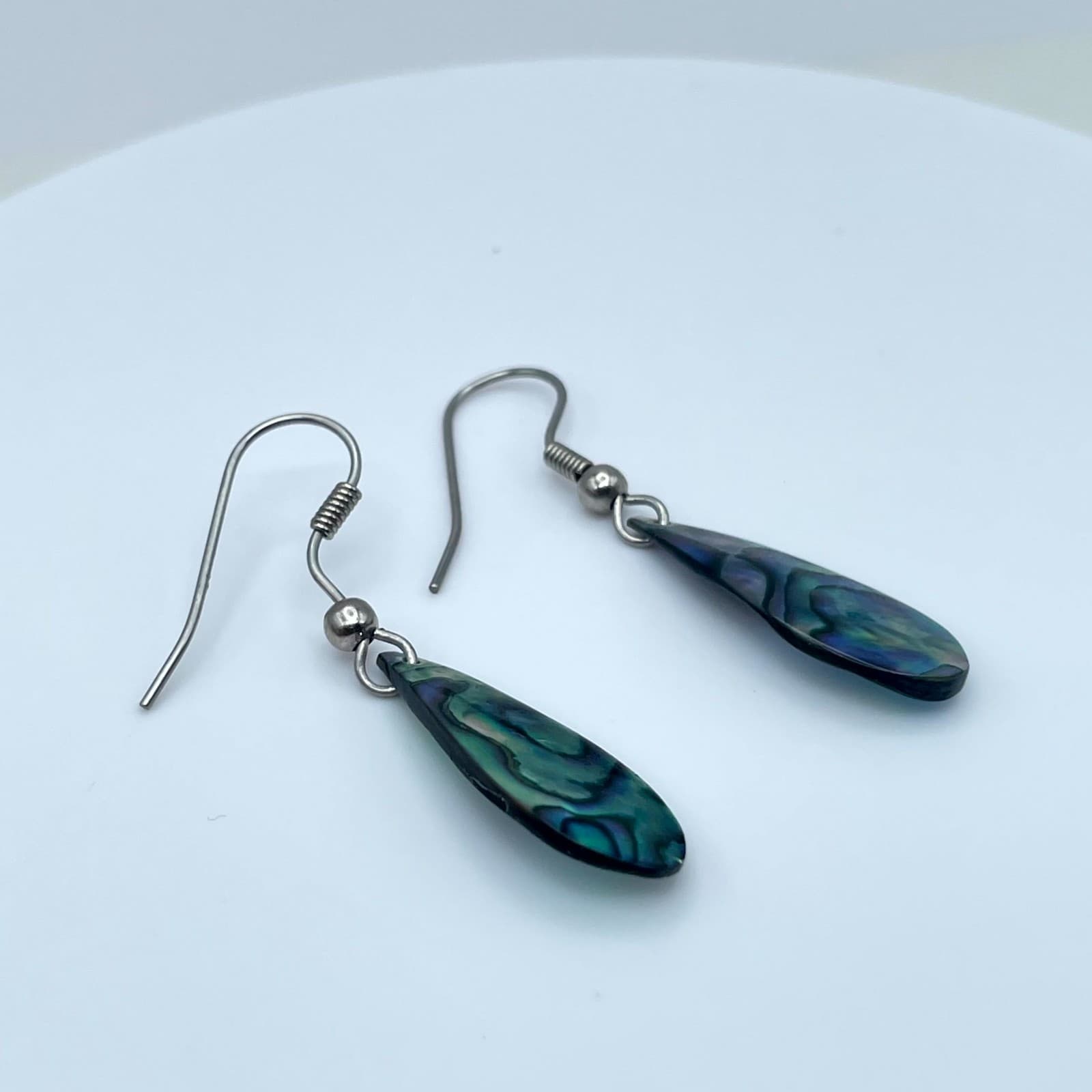 Vintage Silver-Tone Iridescent Paua Abalone Shell Teardrop Drop Hook Earrings - Thumbnail 5