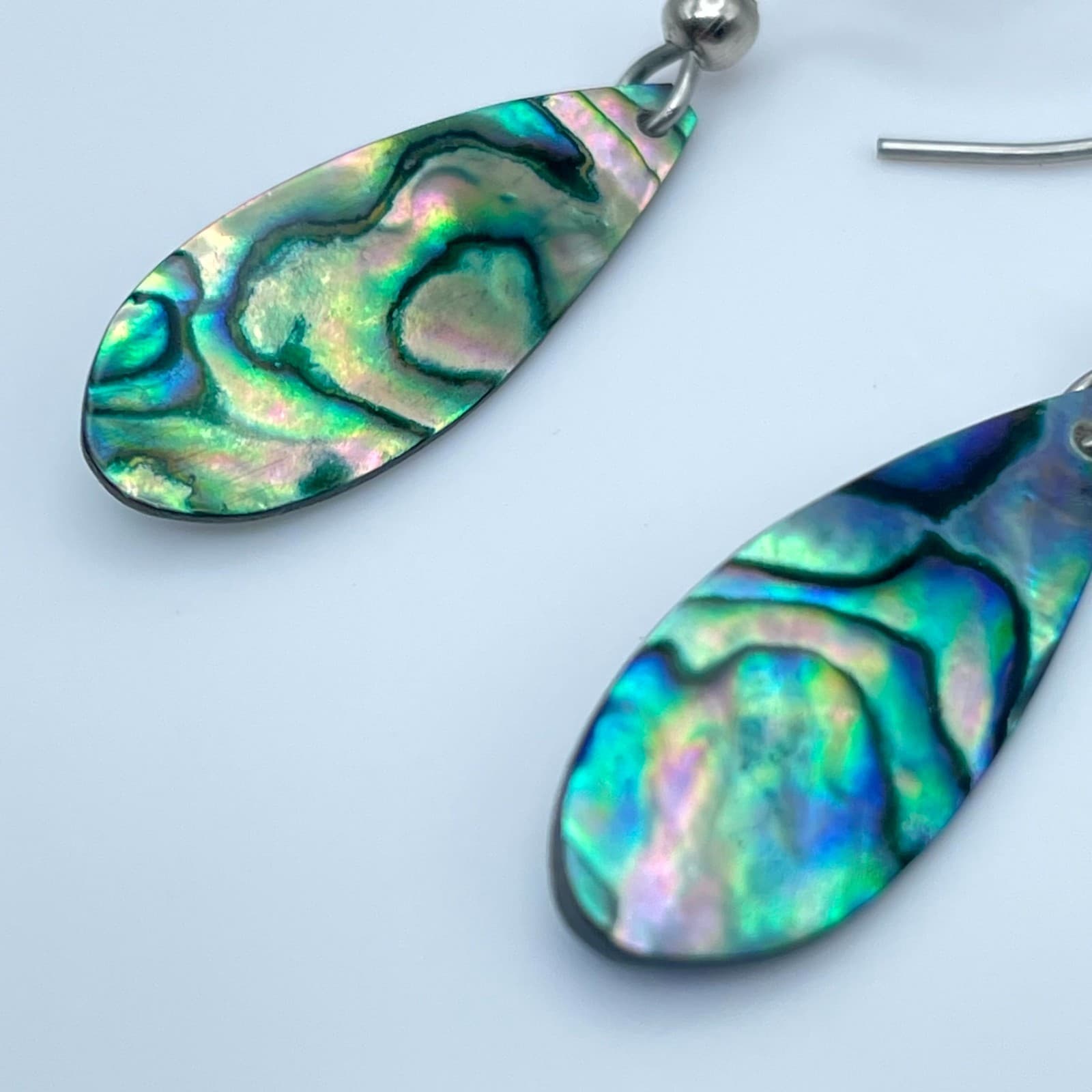 Vintage Silver-Tone Iridescent Paua Abalone Shell Teardrop Drop Hook Earrings - Thumbnail 6