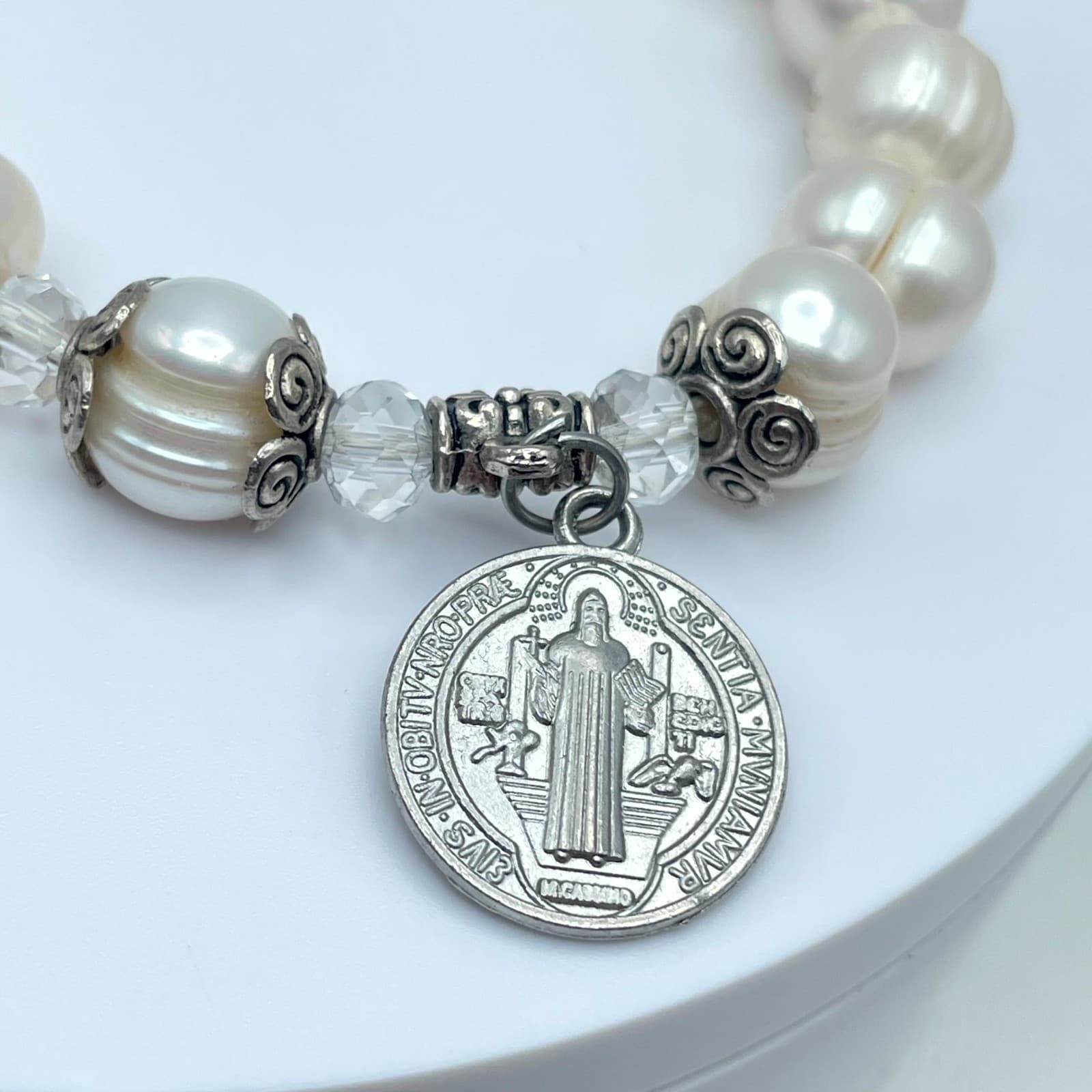 Religious Silver-Tone Mother Of Pearl Enamel Cross Charm Rosary Bracelet - Thumbnail 7