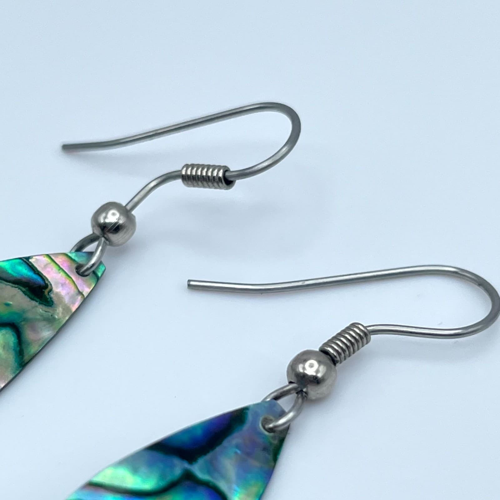 Vintage Silver-Tone Iridescent Paua Abalone Shell Teardrop Drop Hook Earrings - Thumbnail 7