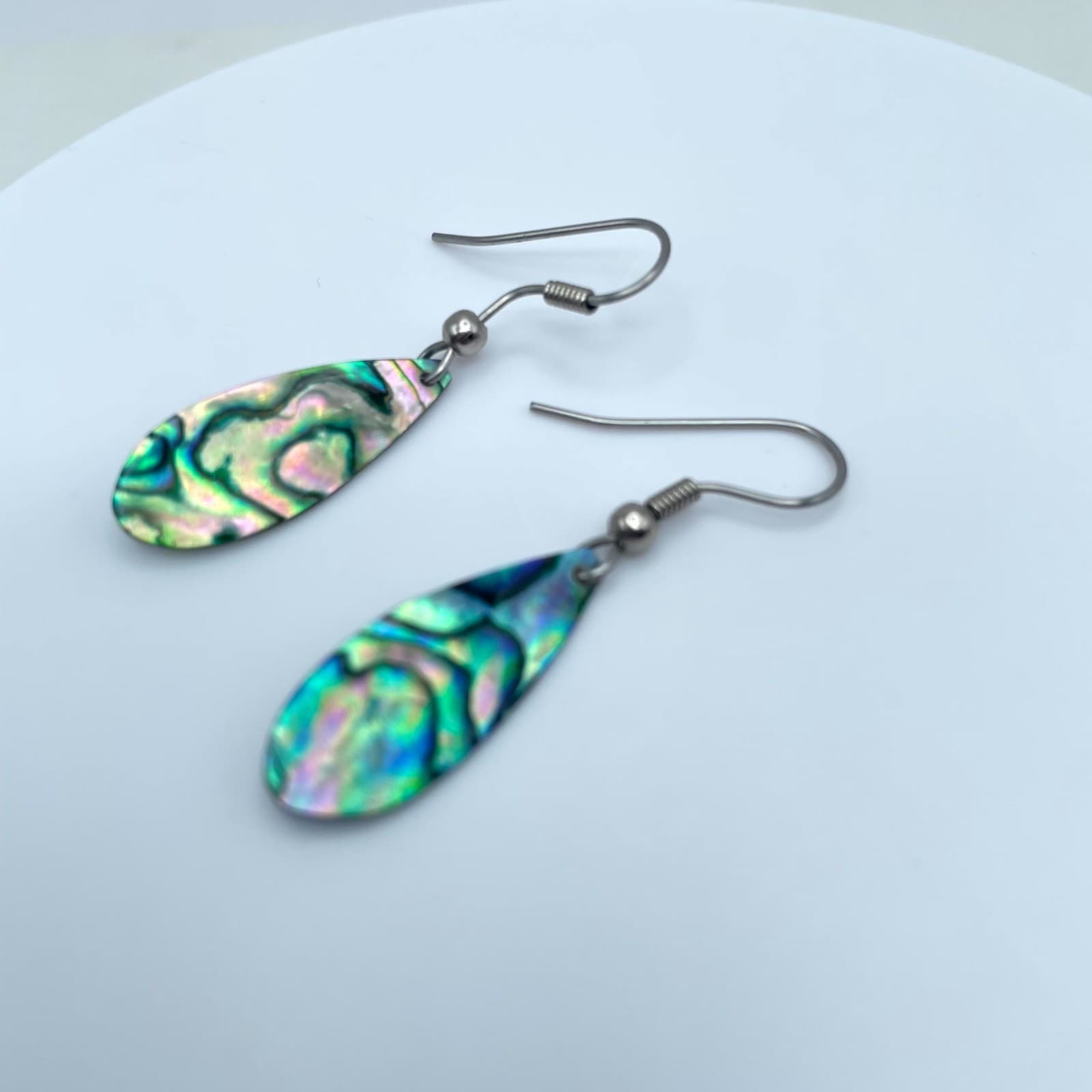 Vintage Silver-Tone Iridescent Paua Abalone Shell Teardrop Drop Hook Earrings - Thumbnail 2