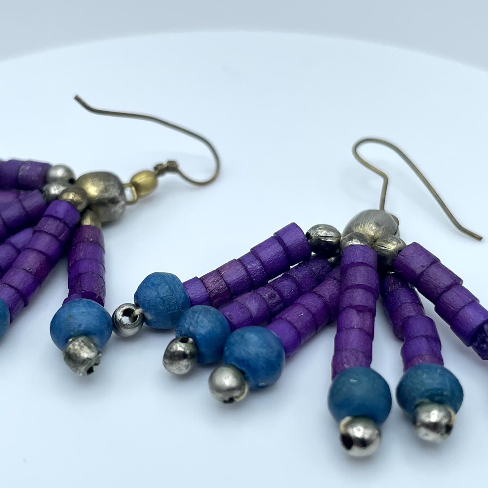 VTG Gold-Tone Purple Blue Seed Beads Multi Stranded Fan Fringe Dangle Earrings - Thumbnail 4