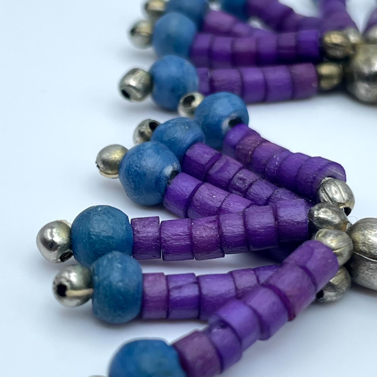 VTG Gold-Tone Purple Blue Seed Beads Multi Stranded Fan Fringe Dangle Earrings - Thumbnail 7