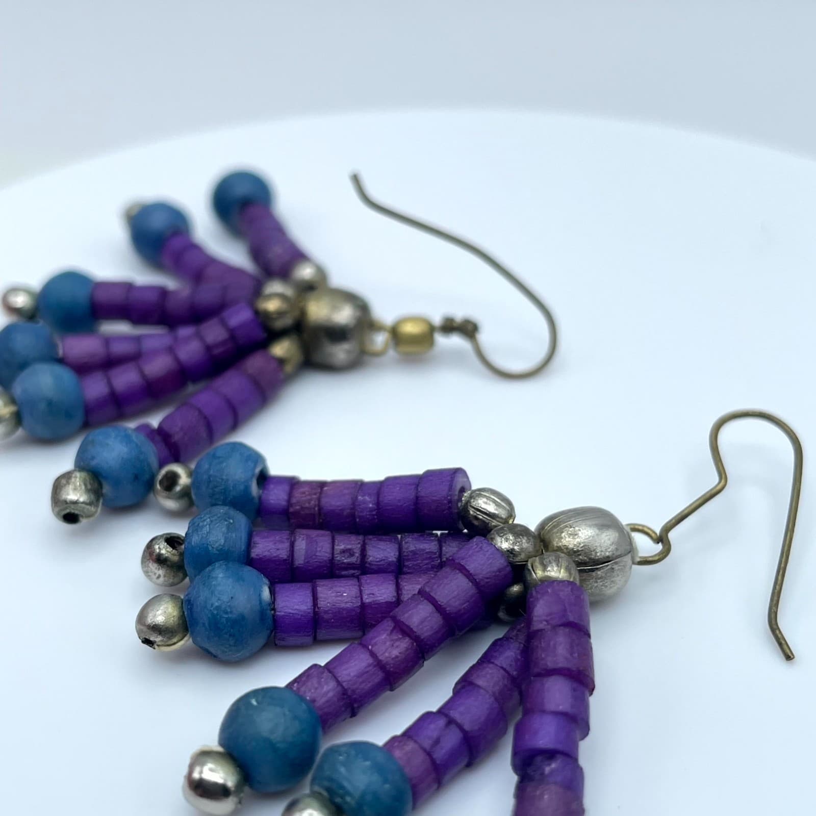 VTG Gold-Tone Purple Blue Seed Beads Multi Stranded Fan Fringe Dangle Earrings - Thumbnail 5