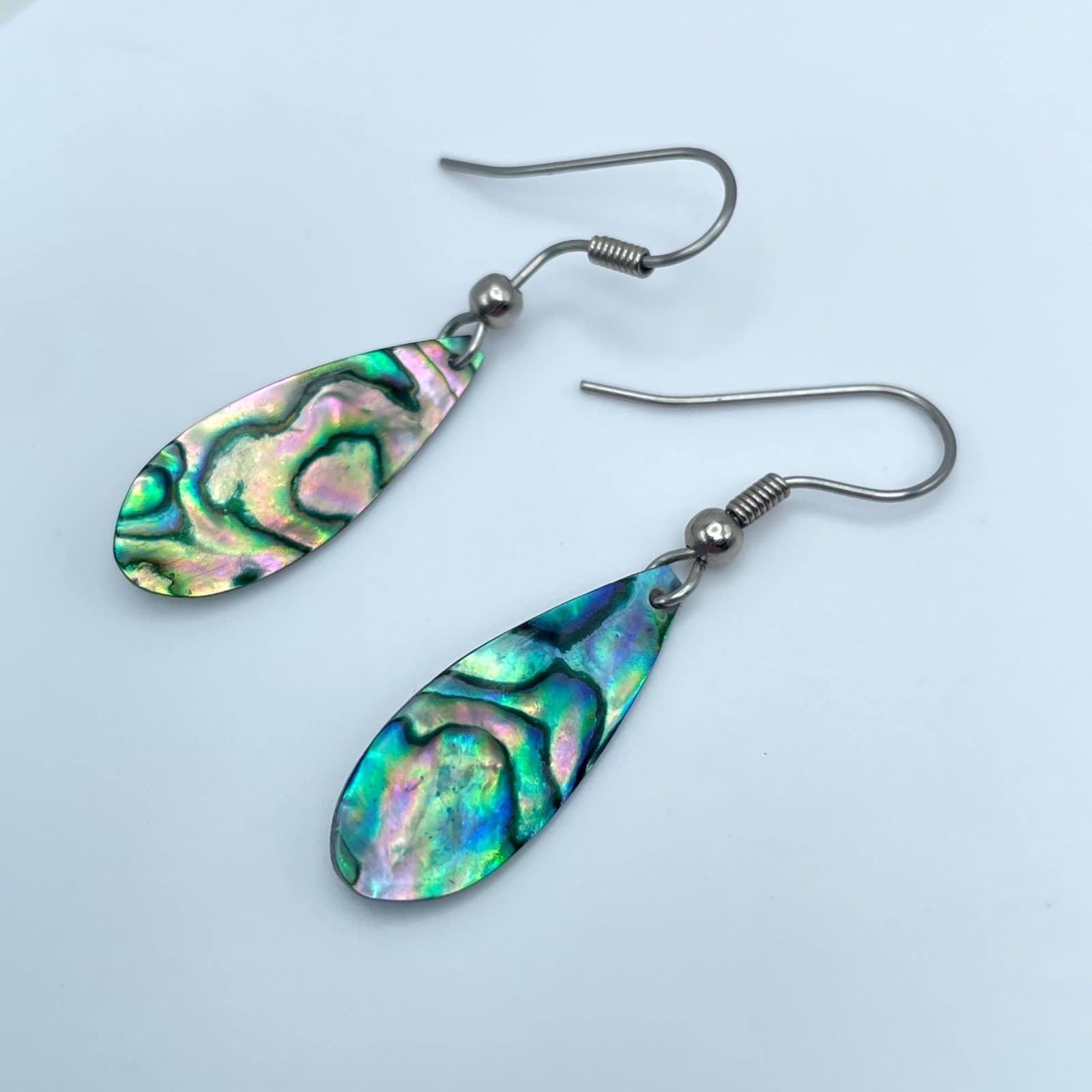 Vintage Silver-Tone Iridescent Paua Abalone Shell Teardrop Drop Hook Earrings - Thumbnail 3
