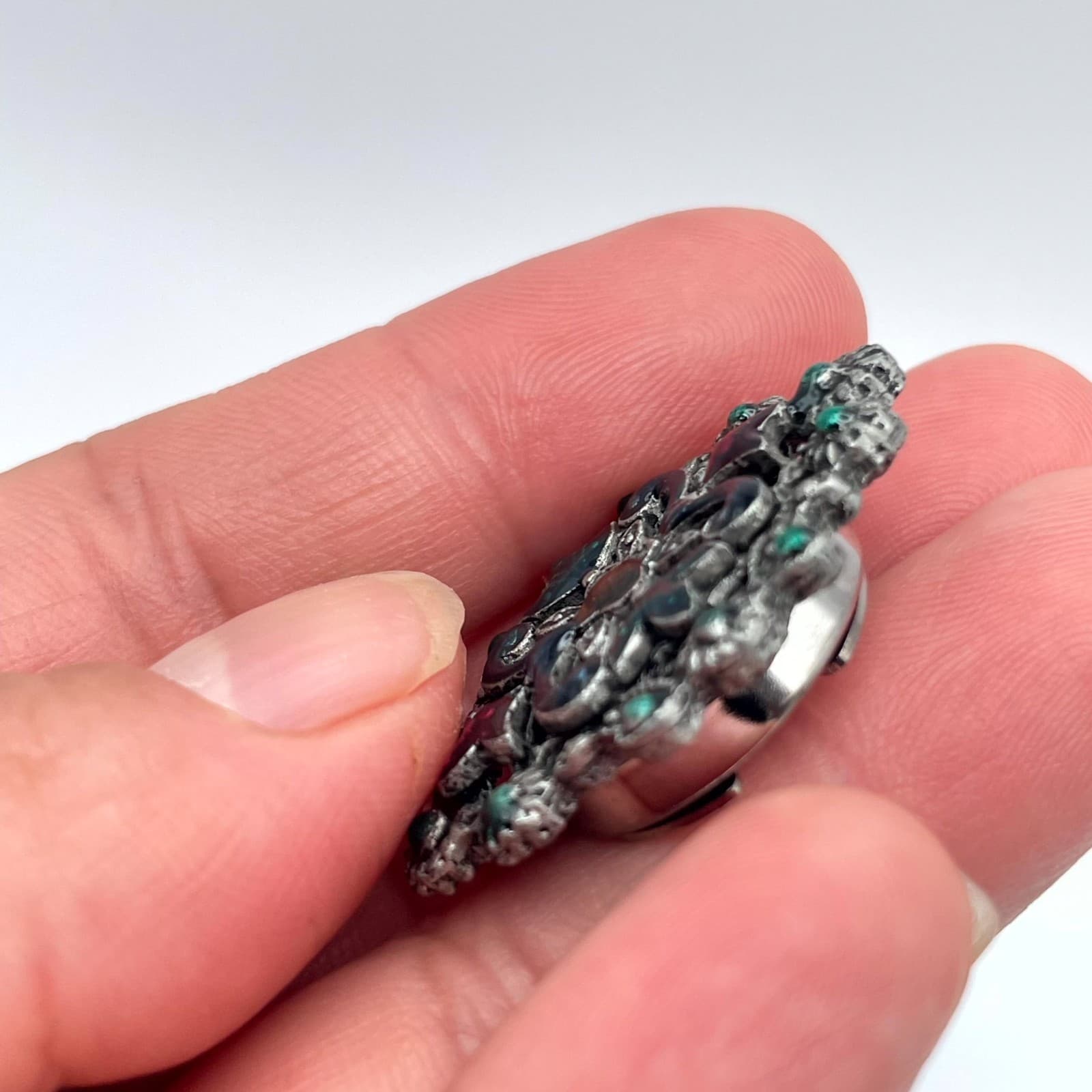 Vintage Ornate Silver-Tone Inlay Enamel Aqua Rhinestone Embellished Button Cover - Thumbnail 6