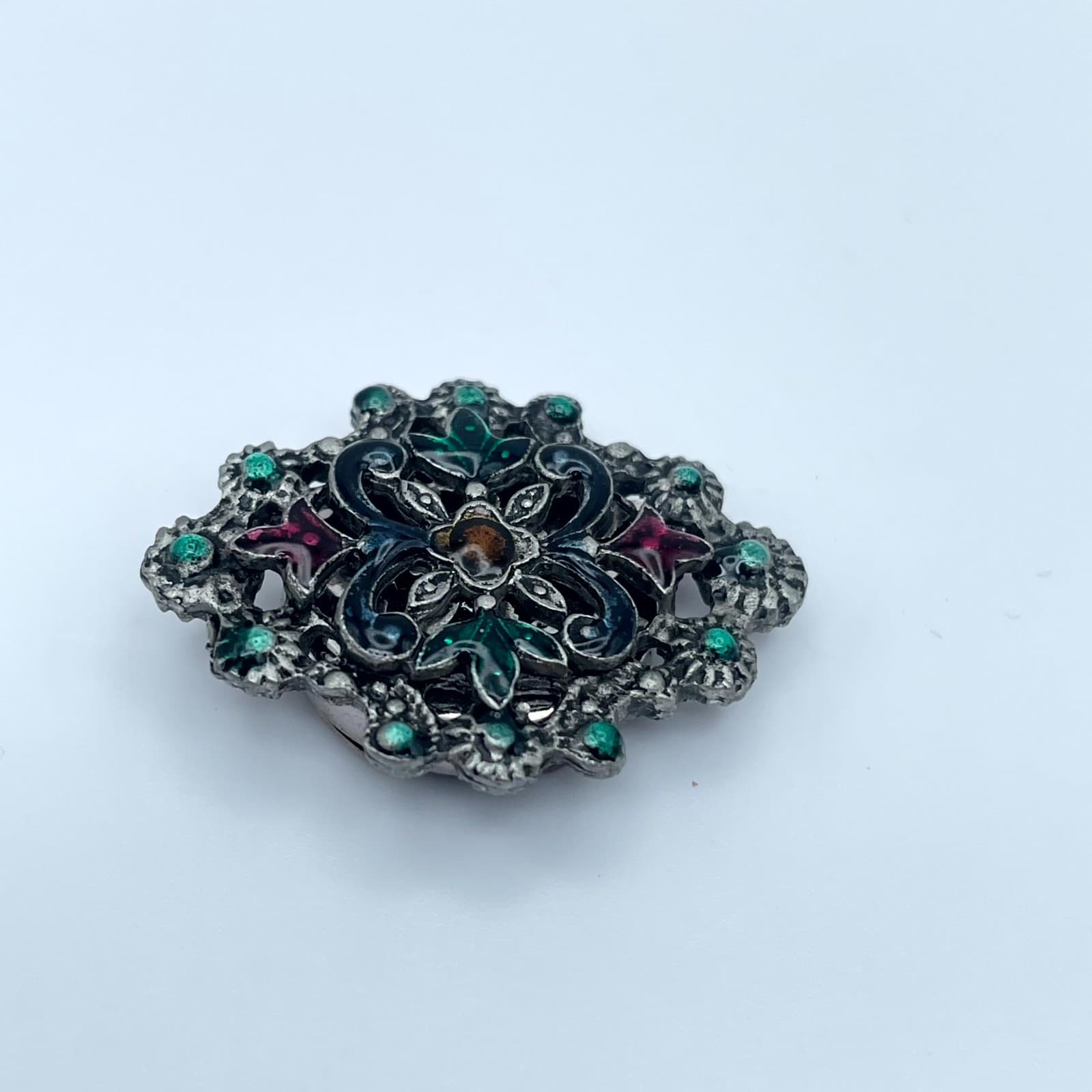 Vintage Ornate Silver-Tone Inlay Enamel Aqua Rhinestone Embellished Button Cover - Thumbnail 5