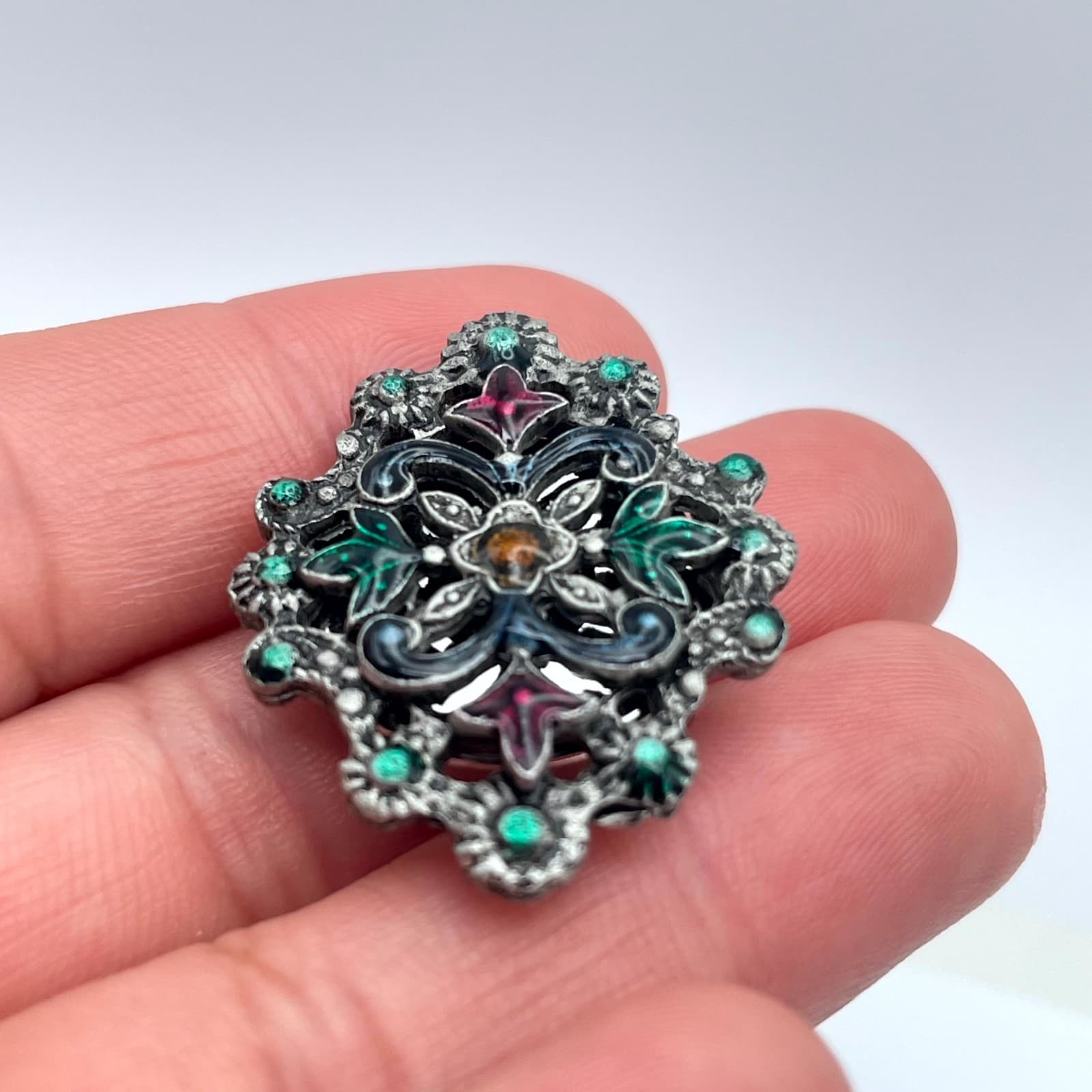 Vintage Ornate Silver-Tone Inlay Enamel Aqua Rhinestone Embellished Button Cover - Thumbnail 8