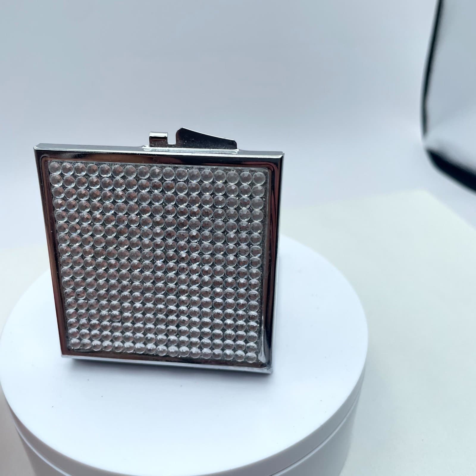 Classic Silver-Tone Rhinestones Embellished Square Compact Pocket Makeup Mirror - Thumbnail 6