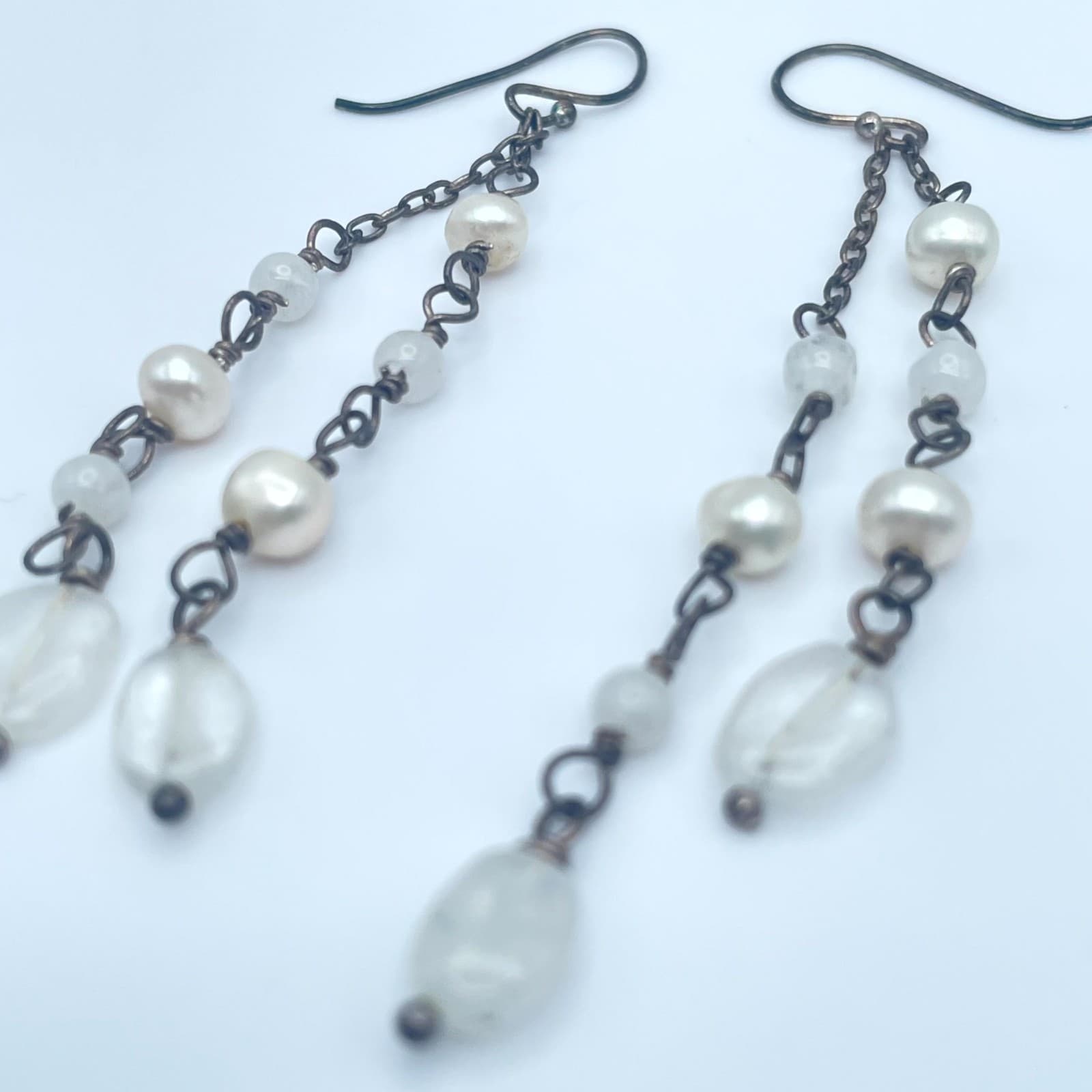 Bronze-Tone Handmade Faceted Glass Beads Mother Of Pearl Linear Dangle Earrings - Thumbnail 4