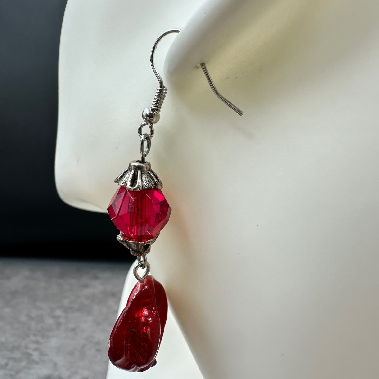 Coronet Vintage Red Bead & Faceted Crystal Silver-Tone Statement Dangle Earrings - Thumbnail 5