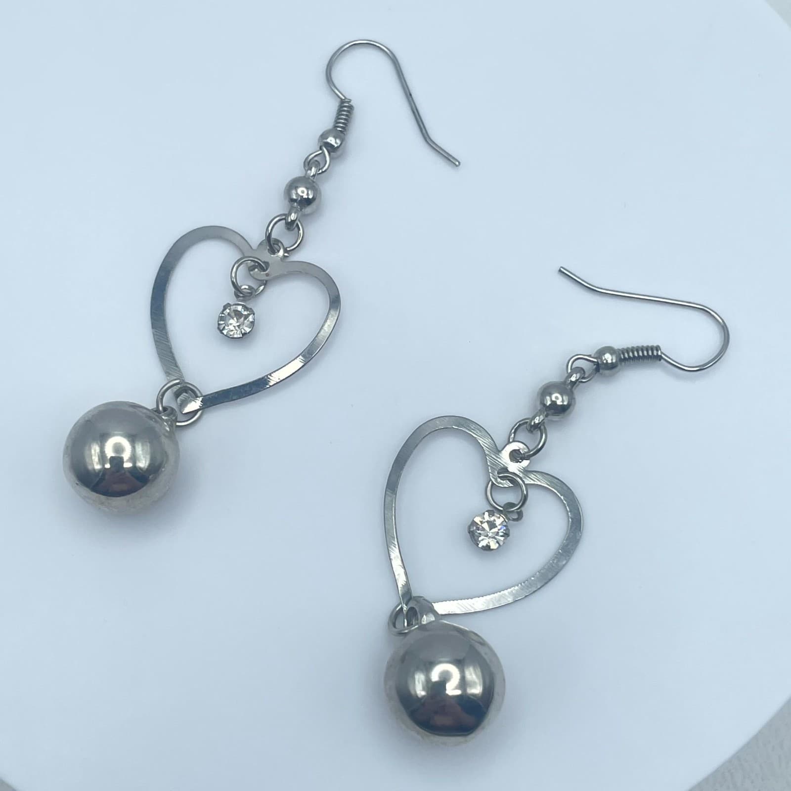 Silver-Tone Faceted Glass Bead Metal Heart-Shaped Dangle Ball Drops Hook Earring - Thumbnail 7