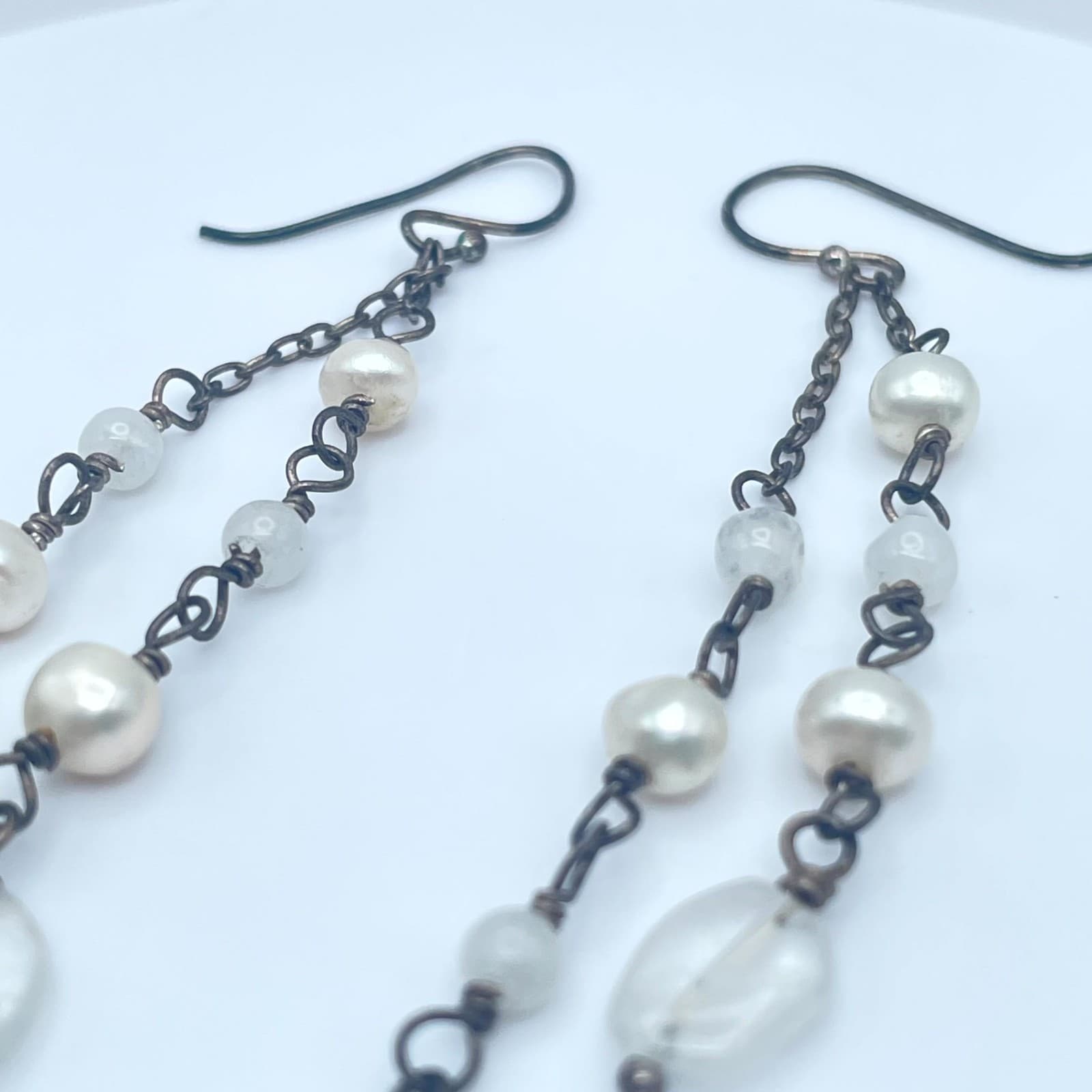 Bronze-Tone Handmade Faceted Glass Beads Mother Of Pearl Linear Dangle Earrings - Thumbnail 5